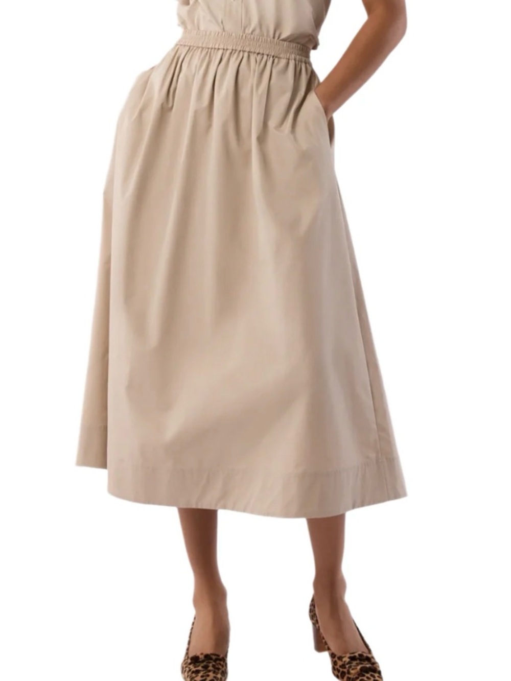 ANN MASHBURN Miranda Khaki Cotton Prairie Cottage Midi Italian Poplin Skirt XS